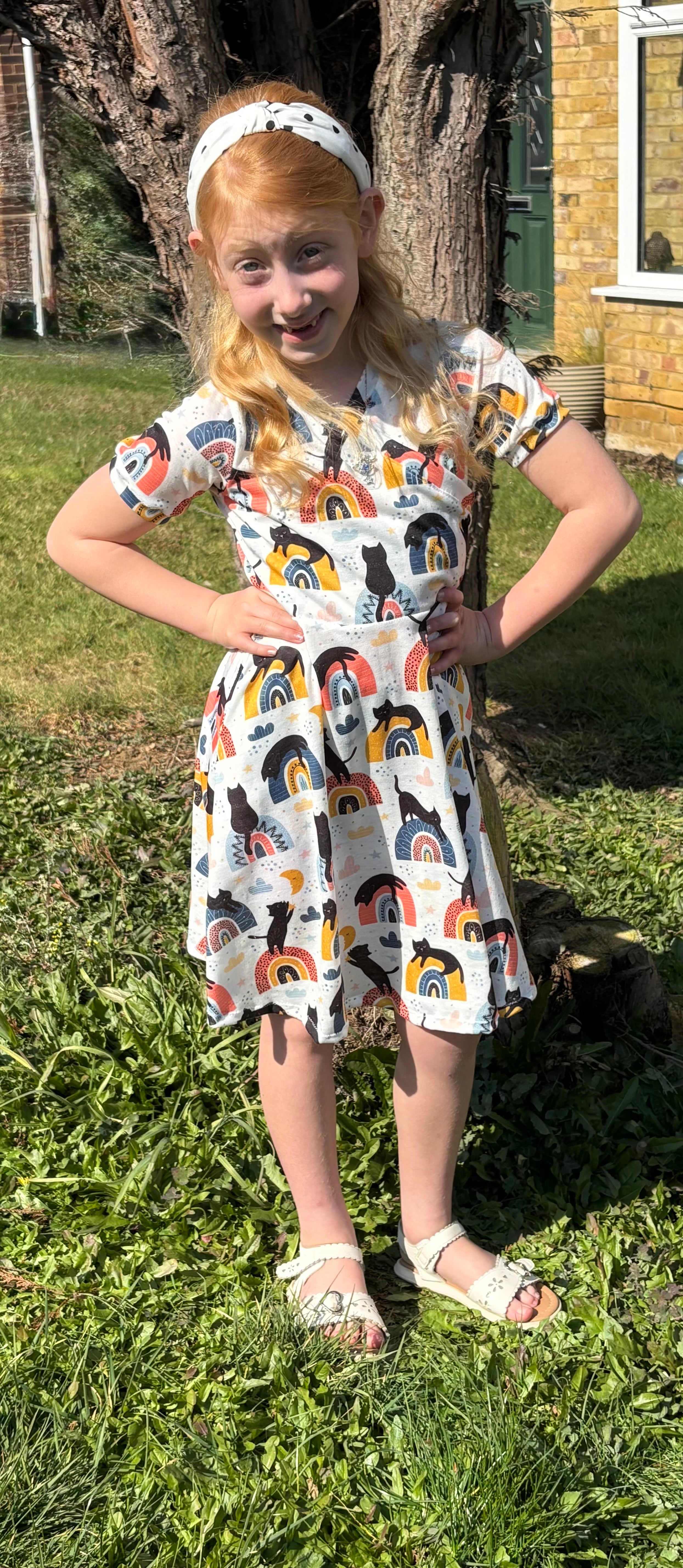Cats and rainbows kids dress sewing pattern. Easy comfy dress pattern.
