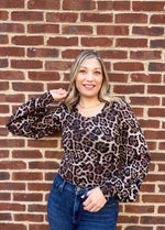 Bishop sleeve sewing pattern by Ellie and Mac Sewing Patterns in cheetah print brushed sweater knit fabric. Easy PDF sewing patterns. Video Tutorial and projector file included.