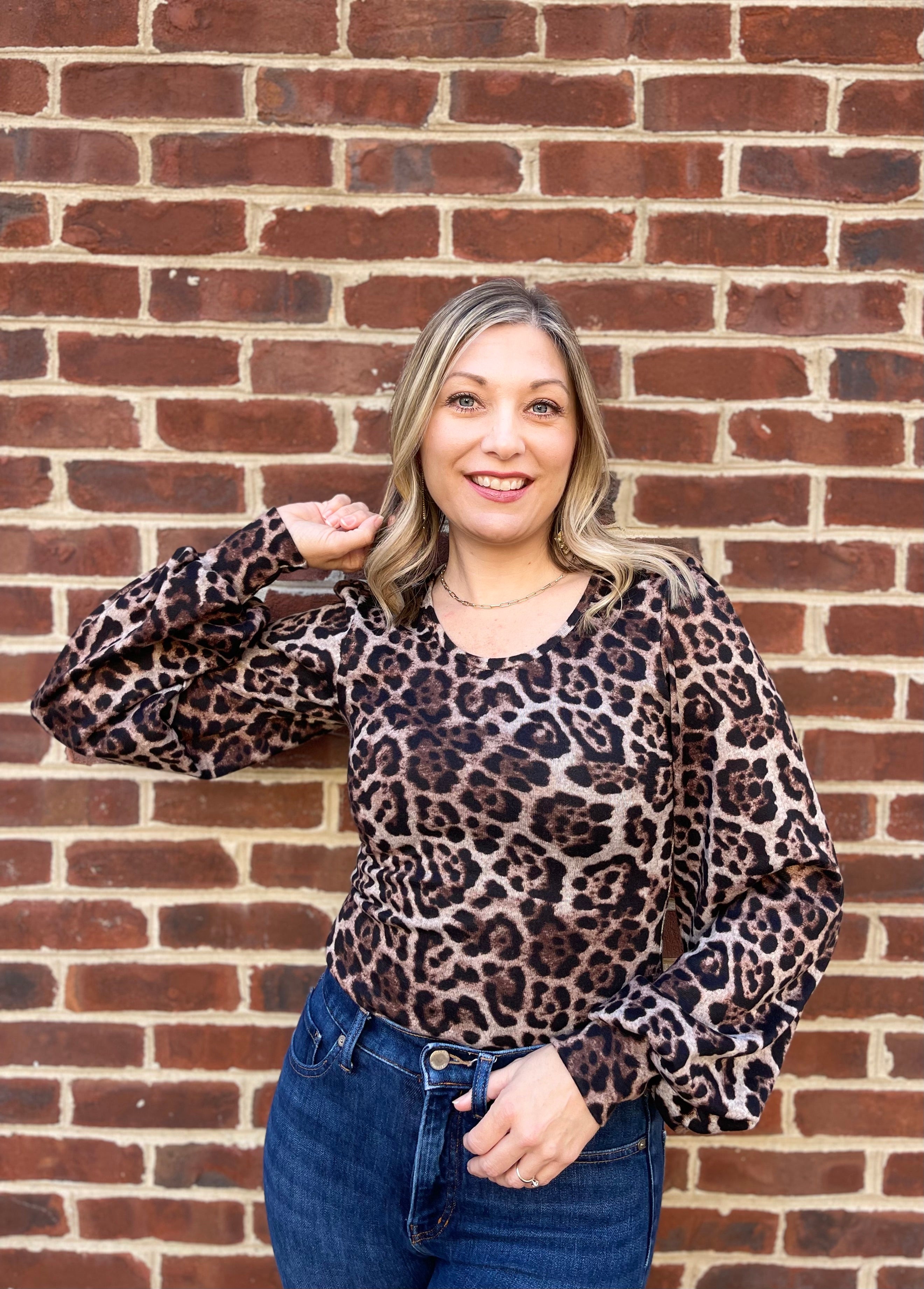 Bishop sleeve sewing pattern by Ellie and Mac Sewing Patterns in cheetah print brushed sweater knit fabric. Easy PDF sewing patterns. Video Tutorial and projector file included.