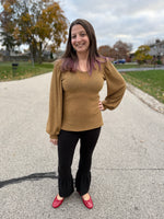 Bishop sleeve sewing pattern by Ellie and Mac Sewing Patterns in hacci sweater knit fabric. Easy PDF sewing patterns. Video Tutorial and projector file included.
