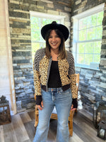 Cheetah print and stripe athletic raglan bomber jacket with zip closure. Thumbhole cuffs. Cropped version. Ellie and Mac PDF sewing patterns.