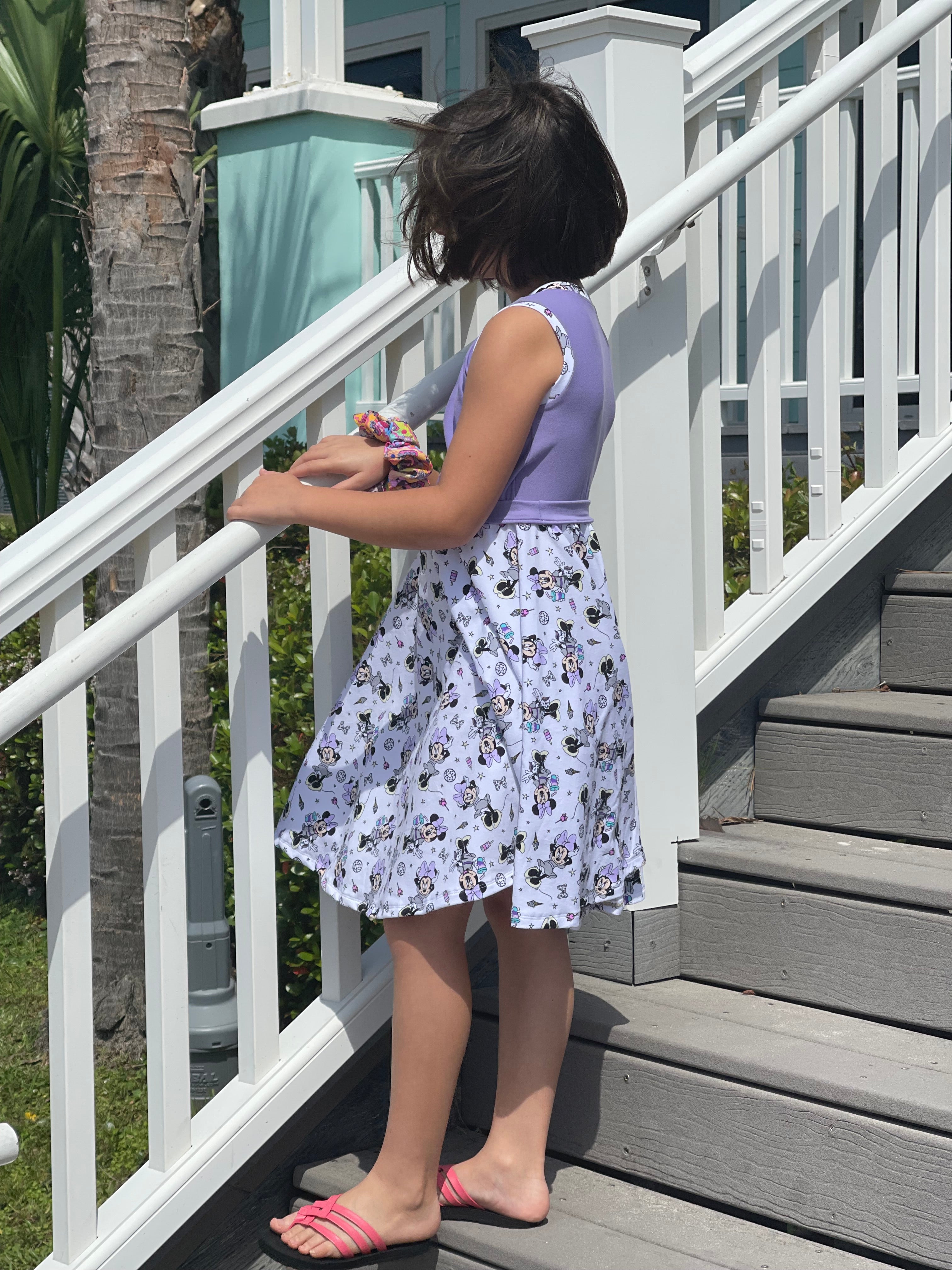 Beautiful lavender dress with sash. Easy sewing for kids. Twirl dress pattern.