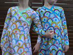 Cute maxi dresses for kids. Easy sewing patterns for beginners. Knit dress pattern. Long sleeves with rainbow fabric. Twinning.