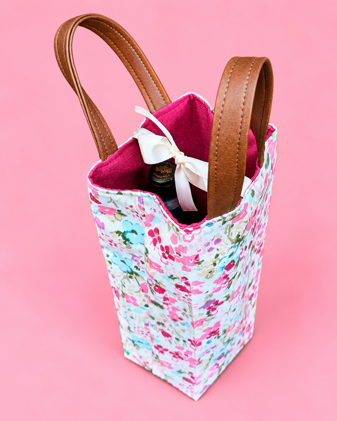 Inside view of the tall wine bottle floral reusable pretty present gift bag pattern