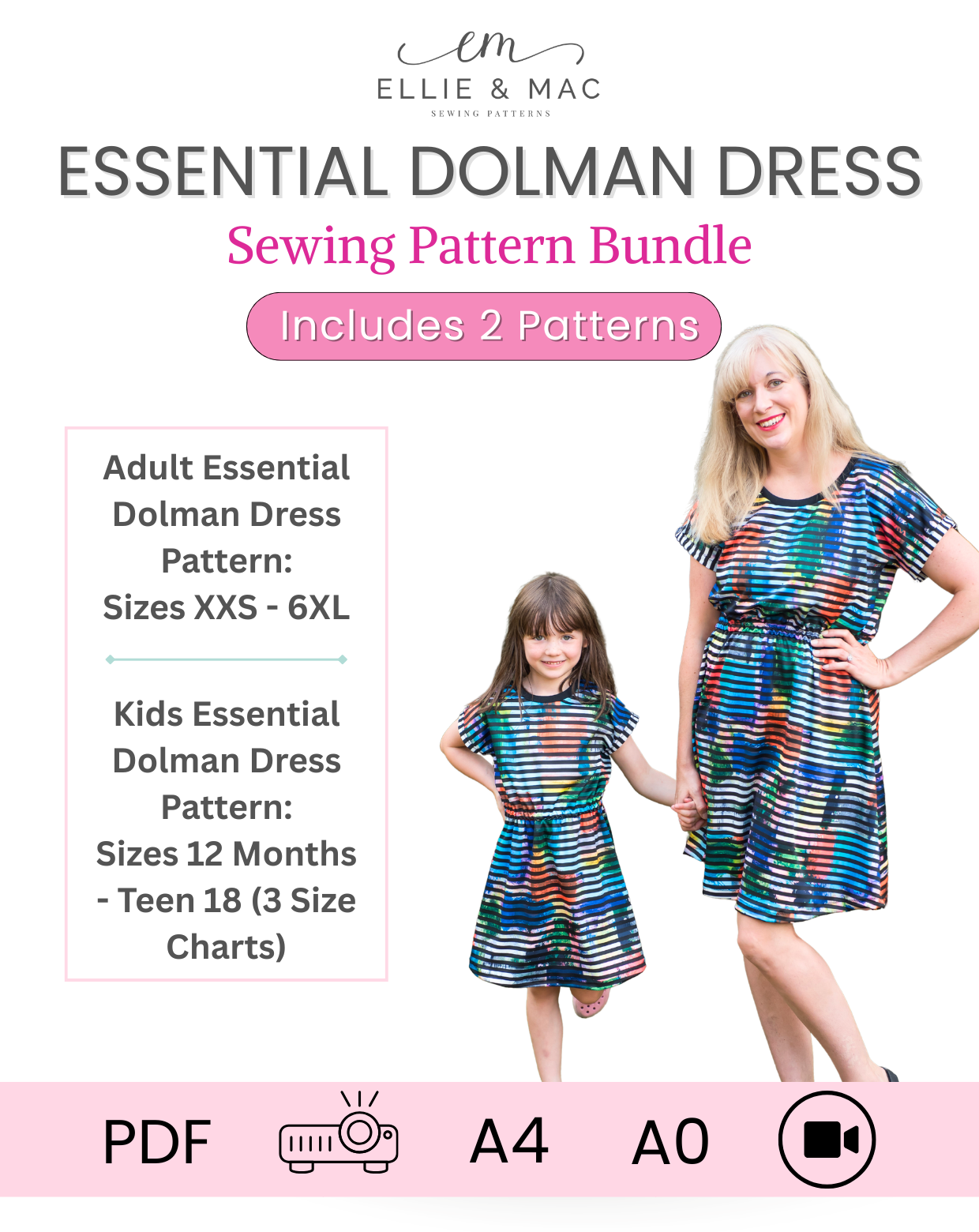 Essential Dolman Dress Sewing Pattern Bundle (Adult & Kids)