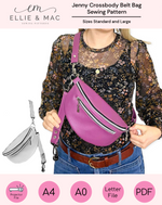 A person showcasing a pink Jenny Crossover Belt Bag worn across the body, with a description of the pattern sizes, file types, and a brief overview of the sewing process.