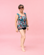 Modest Tankini and Ruched Shorts sewing pattern by Ellie and Mac PDF sewing patterns. Sizes xxs - 6xl included. Projector file, A0 file, A4 print file, Letter print file, video sew along tutorial, color photo step-by-step instructions, and fit alteration instructions included.