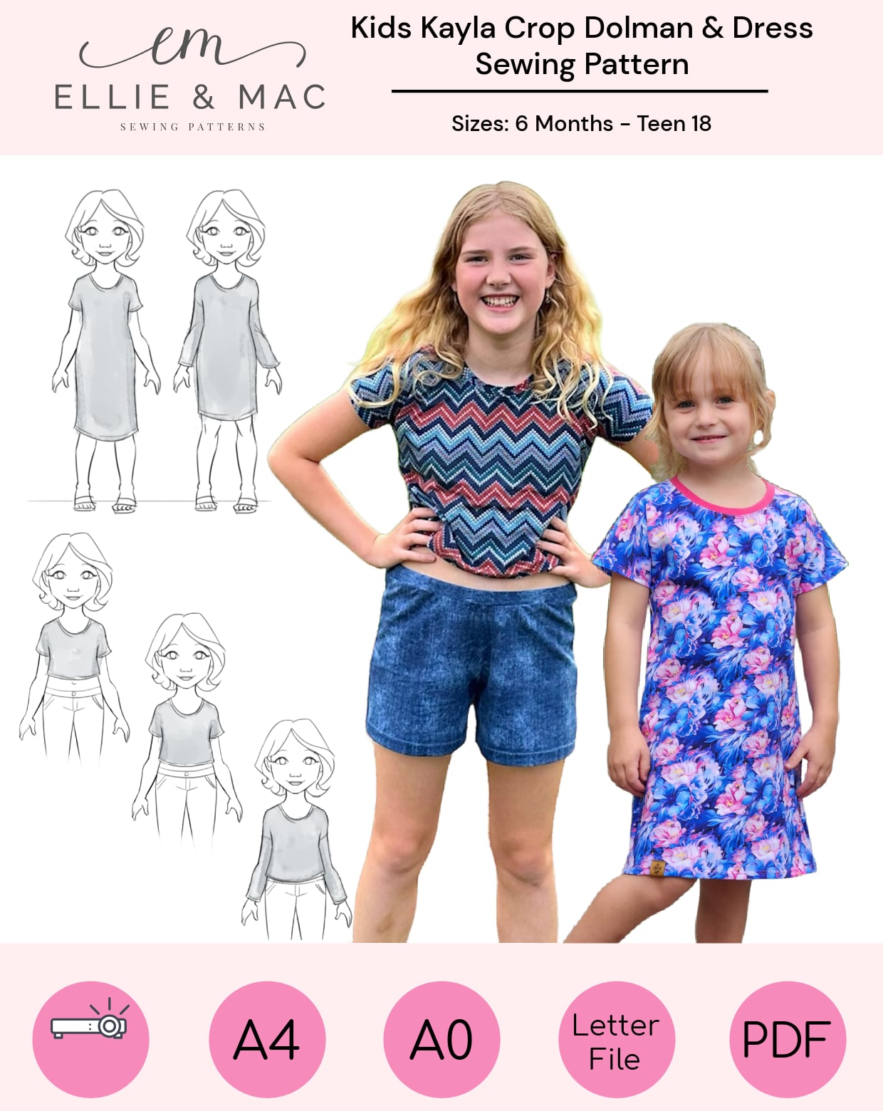 Kayla Crop Top & Dress Pattern cover with line drawings showing the many variations of this fast sewing and easy sewing project. Dolman style design for knit fabrics by Ellie and Mac Sewing patterns. Includes A4 and Letter size paper files, A0 copy shop file, and projector file. 