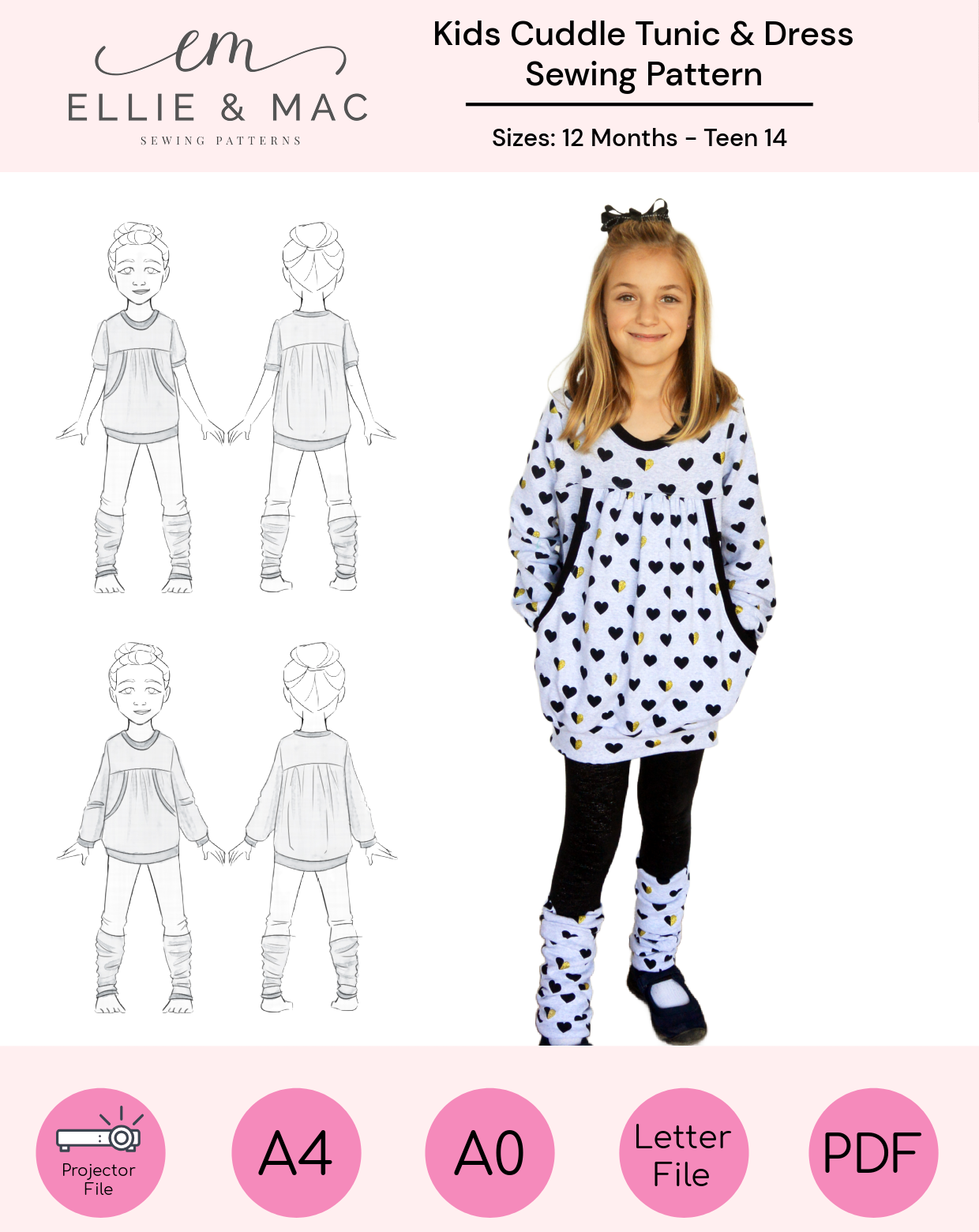 Kids Cuddle Tunic & dress Sewing pattern by Ellie and Mac PDF sewing patterns. Sizes 12 months - teen 14 included. Metric and imperial measurements included. A4, Letter, Projector, A0 files included. Full length sew-along video included.