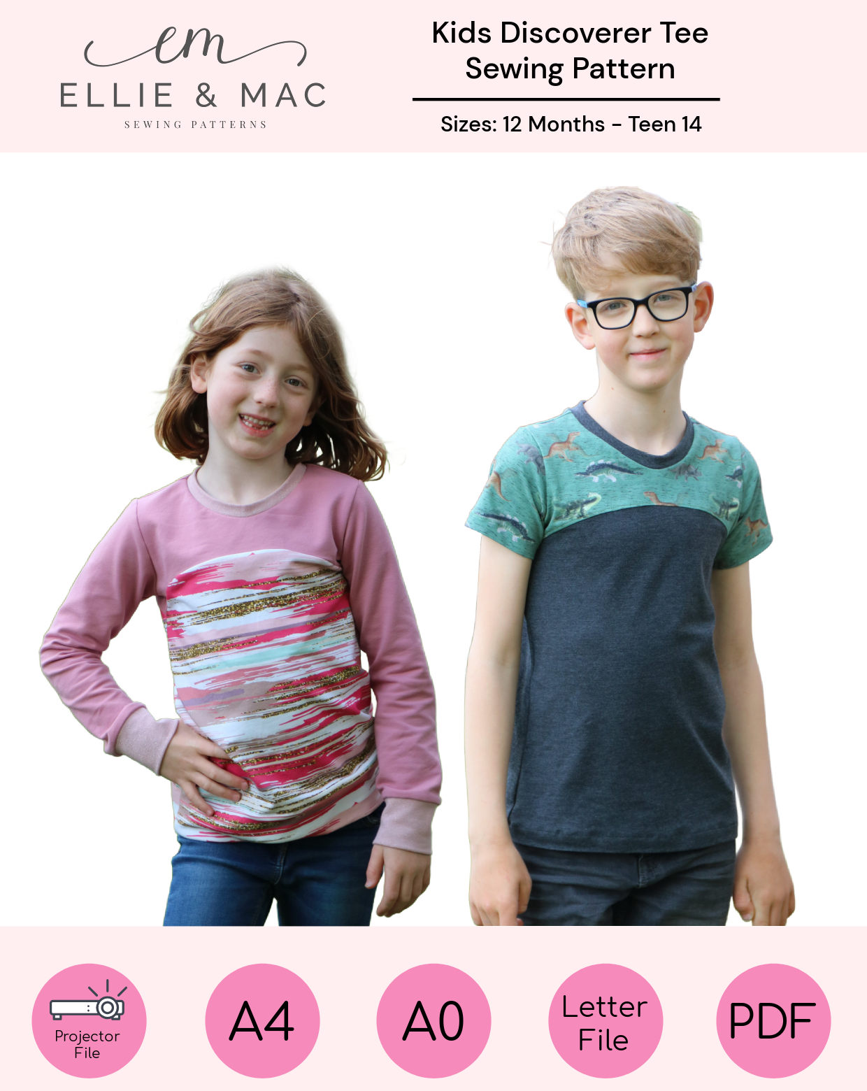 Two children wearing shirts made from a sewing pattern by Ellie & Mac, with product details on a white background.