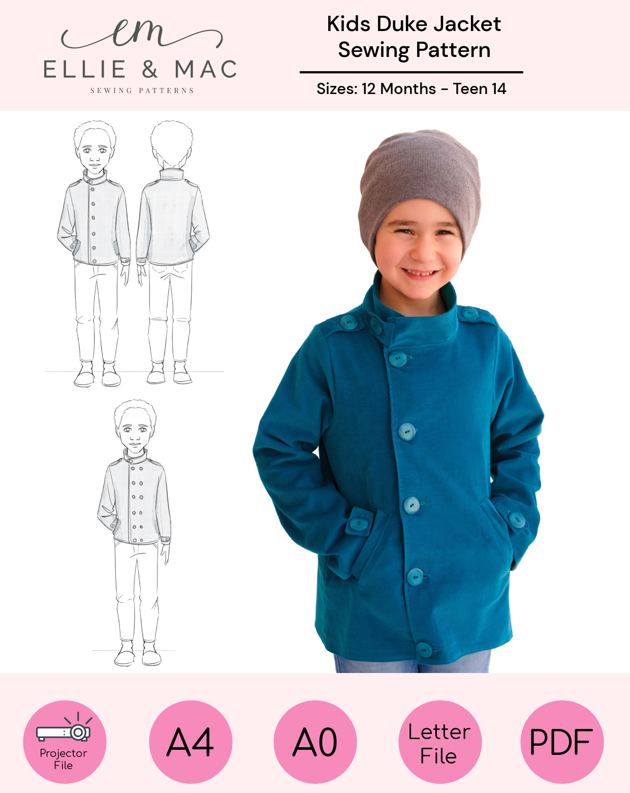 Ellie & Mac Kids Duke Jacket sewing pattern with a child wearing a blue jacket and gray beanie.