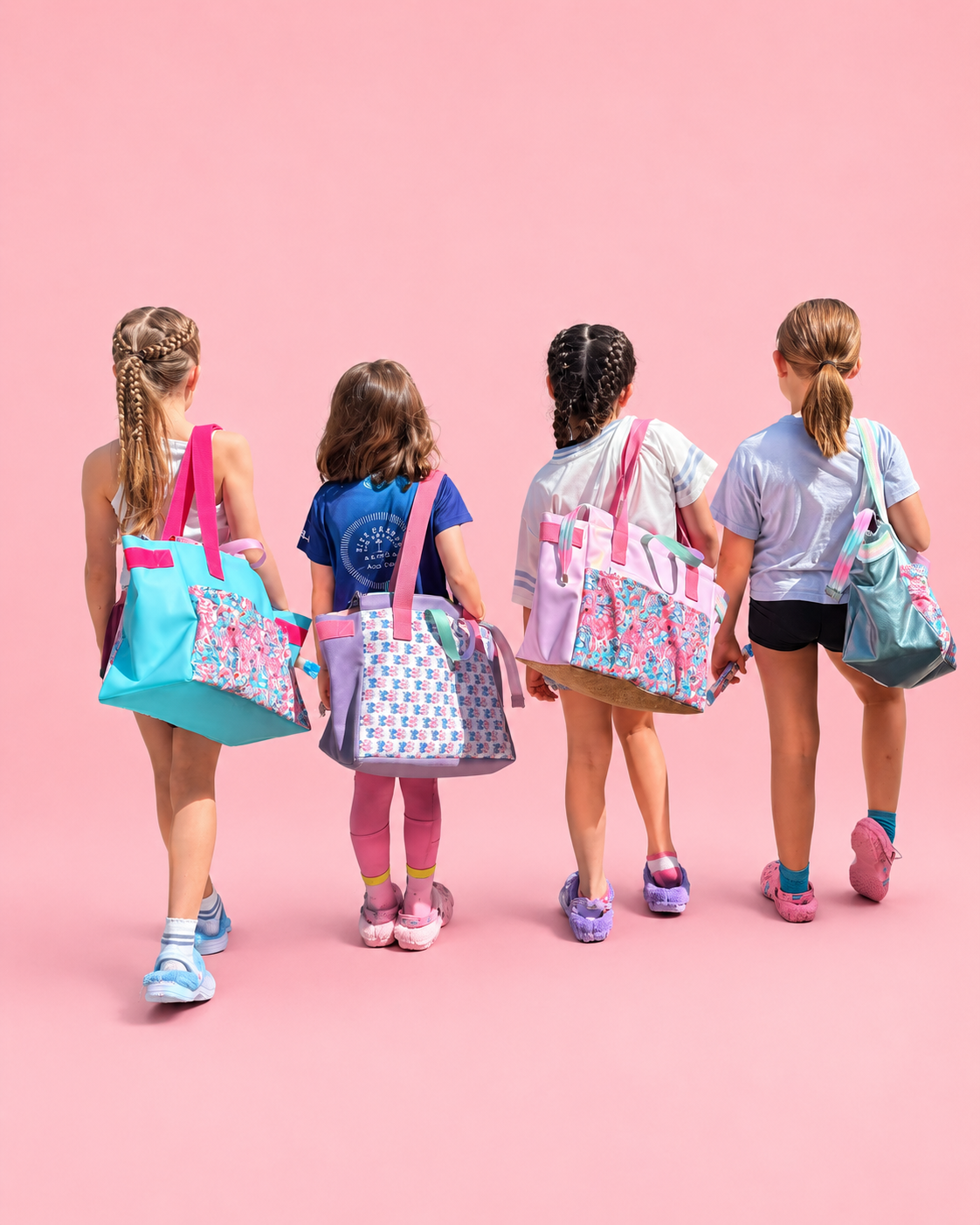 Four children with colorful bags on a pink background made using Ellie and Mac PDF award winning sewing patterns that are perfect for confident beginners. All patterns include A4, letter, A0 print files, projector files, and full sew along video tutorial. 