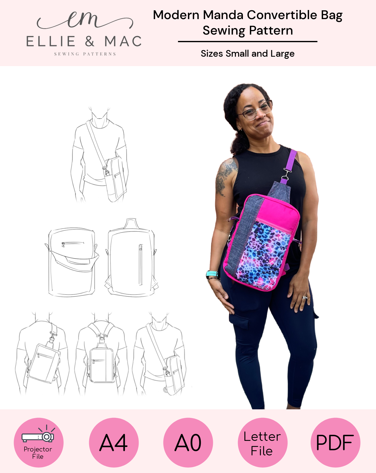 A cover image for the Modern Manda Convertible Bag PDF Sewing Pattern, showing the bag in pink with a geometric pattern, the brand name, and line drawings of the bag in different styles. Projector sewing pattern file, A4 and Letter Print file, A0 pattern file, sew along video tutorial, and blogs included.