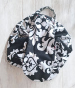 Black damask fabric moon drawstring bag. Bag sewing tutorial. Sewing idea.