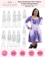 Sweetheart peplum shirt and dress pdf sewing pattern by Ellie and Mac sewing patterns. DIY your own dress with this masterclass sewing tutorial. Includes projector file, A0 copy shop file, A4 and Letter print file, and full length sew along video tutorial. Beginner friendly. Sizes xxs - 6XL 