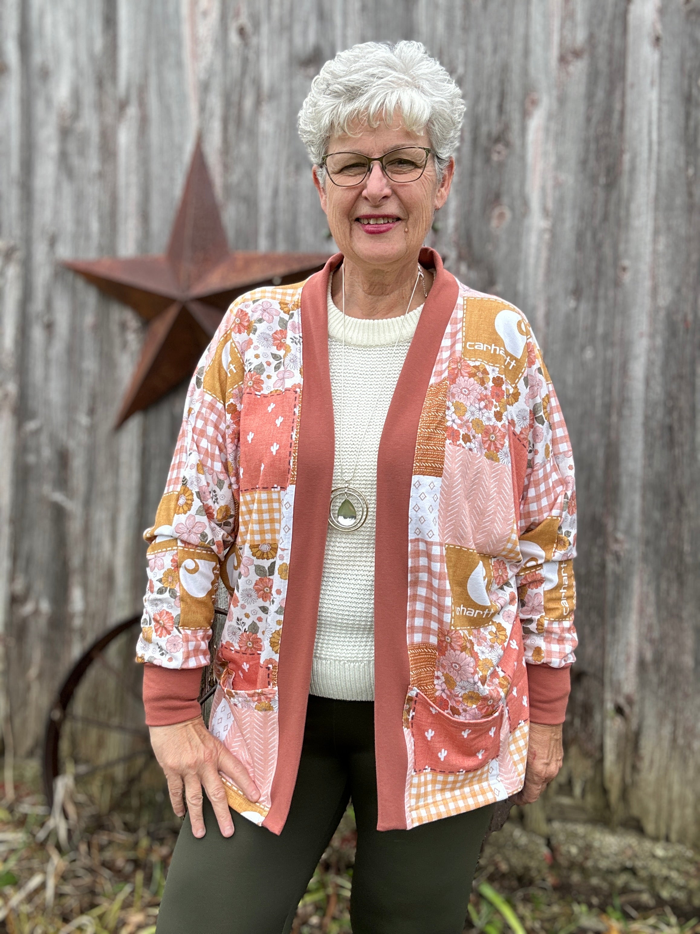 Woman modeling a weekend outfit idea featuring the Celeste cardigan pattern. handmade clothing style ideas.