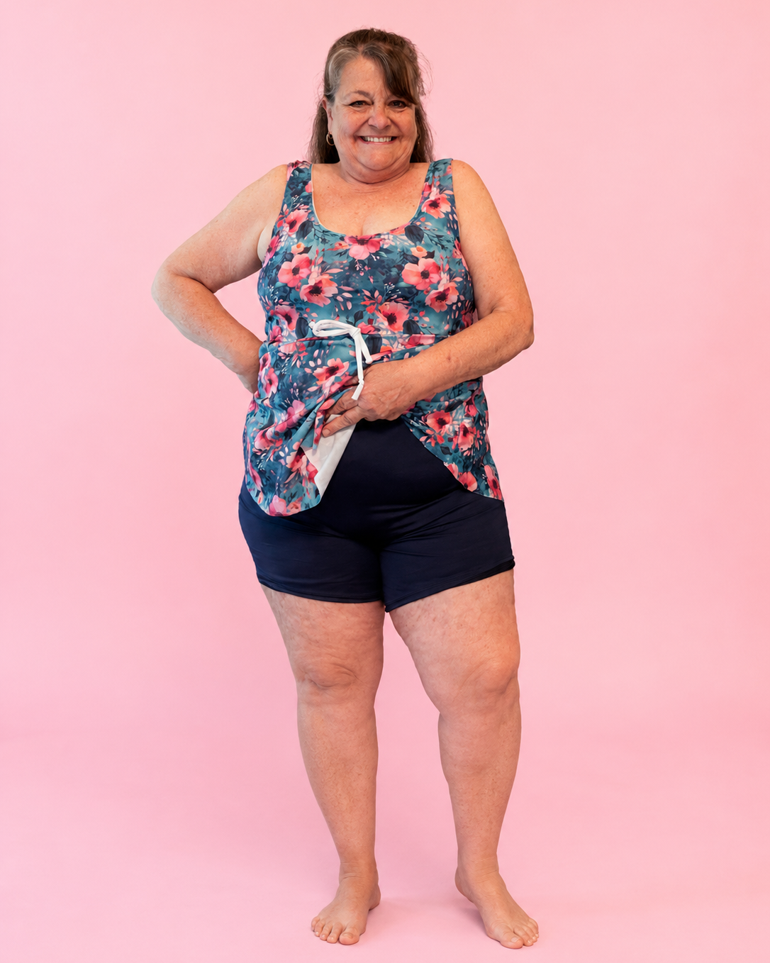 Modest Tankini and Ruched Shorts sewing pattern by Ellie and Mac PDF sewing patterns. Sizes xxs - 6xl included. Projector file, A0 file, A4 print file, Letter print file, video sew along tutorial, color photo step-by-step instructions, and fit alteration instructions included.