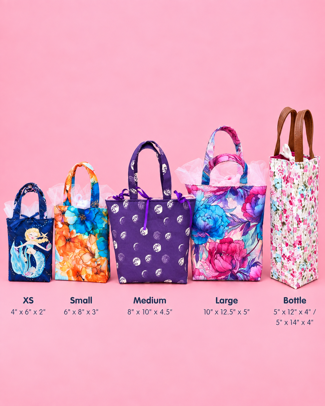 Collection of handmade reusable fabric gift bags in several sizes