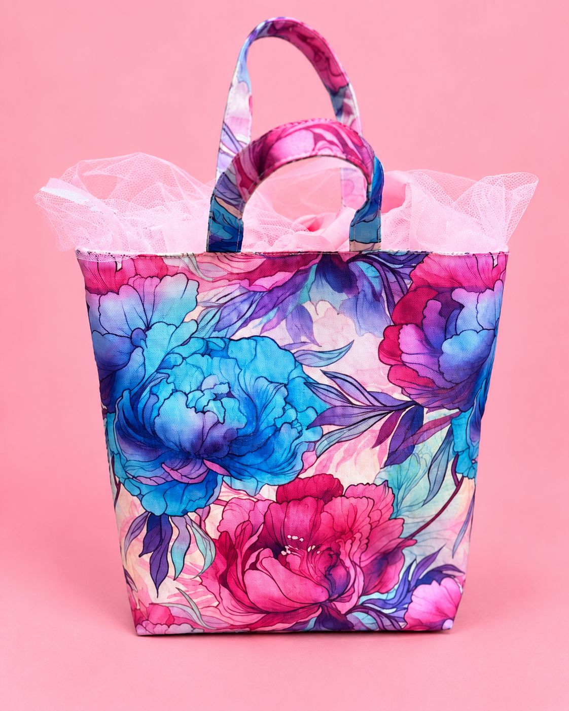 Reusable fabric gift bag sewing pattern shown in multiple finished sizes