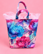 Reusable fabric gift bag sewing pattern shown in multiple finished sizes