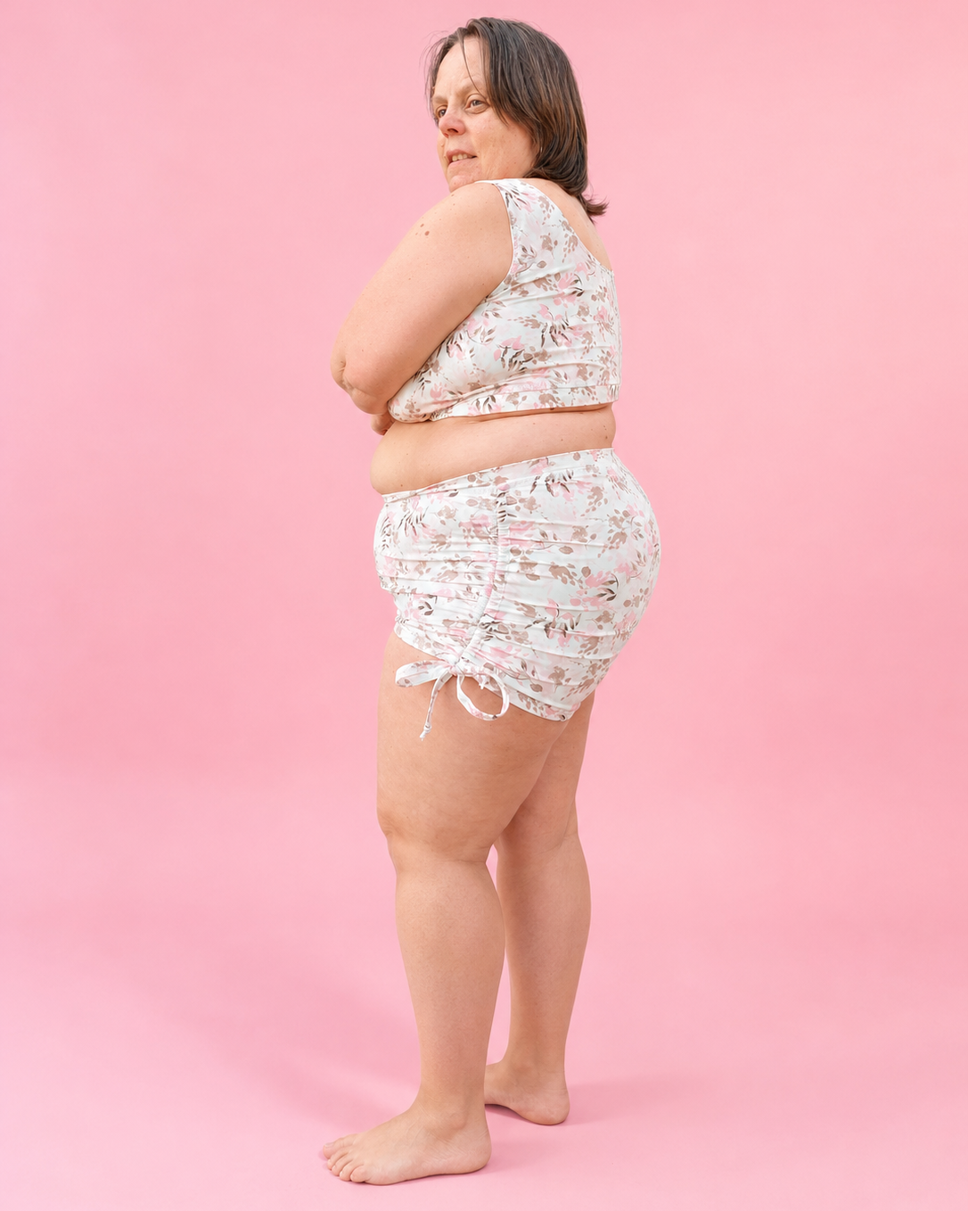 Modest Tankini and Ruched Shorts sewing pattern by Ellie and Mac PDF sewing patterns. Sizes xxs - 6xl included. Projector file, A0 file, A4 print file, Letter print file, video sew along tutorial, color photo step-by-step instructions, and fit alteration instructions included.