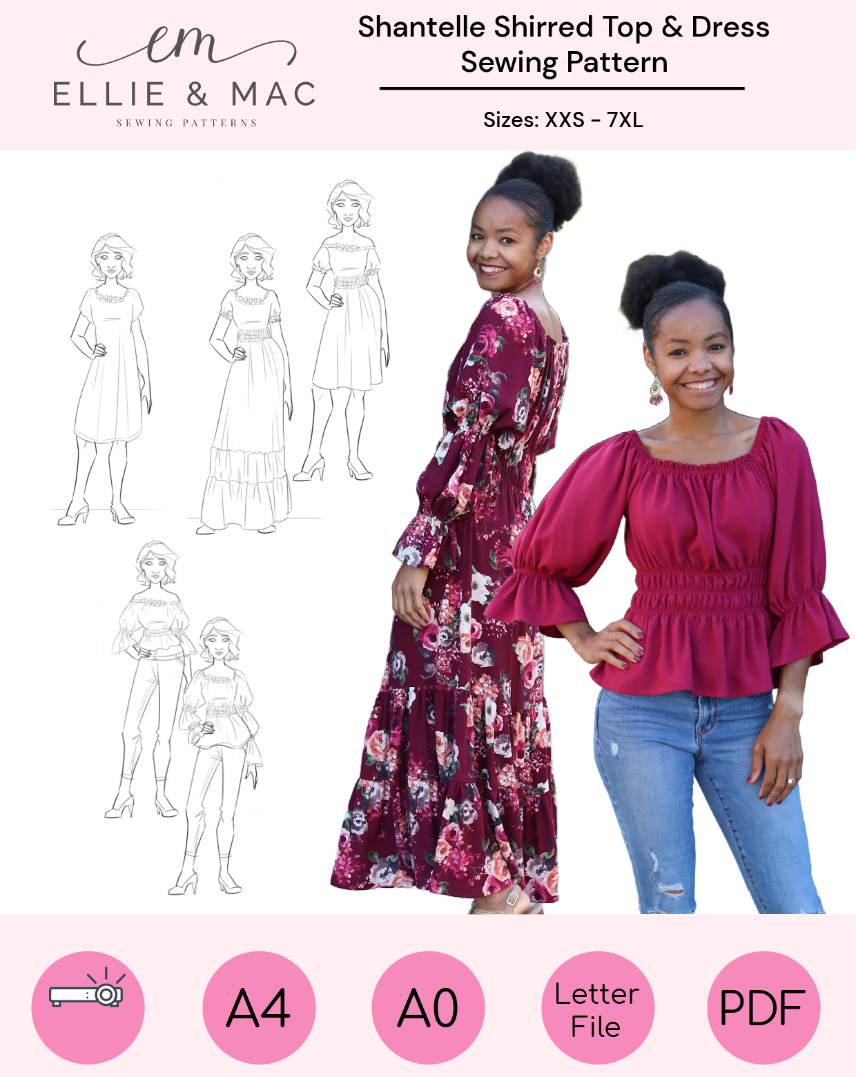 Ellie & Mac sewing pattern for Shantelle Shirred Top & Dress with model wearing the garment.