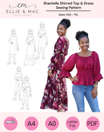 Ellie & Mac sewing pattern for Shantelle Shirred Top & Dress with model wearing the garment.