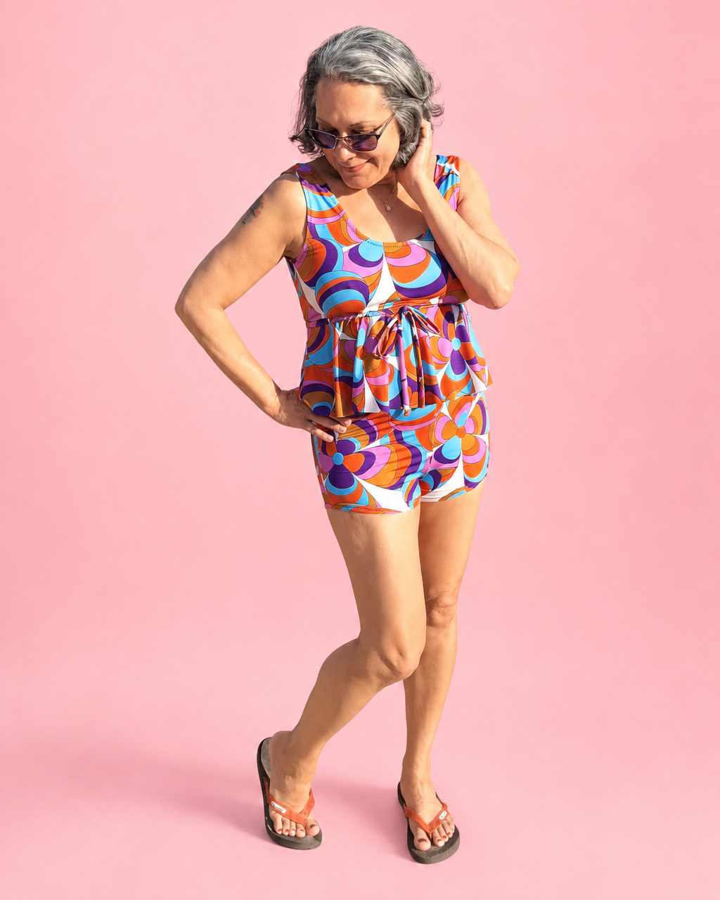Modest Tankini and Ruched Shorts sewing pattern by Ellie and Mac PDF sewing patterns. Sizes xxs - 6xl included. Projector file, A0 file, A4 print file, Letter print file, video sew along tutorial, color photo step-by-step instructions, and fit alteration instructions included.
