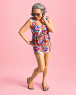 Modest Tankini and Ruched Shorts sewing pattern by Ellie and Mac PDF sewing patterns. Sizes xxs - 6xl included. Projector file, A0 file, A4 print file, Letter print file, video sew along tutorial, color photo step-by-step instructions, and fit alteration instructions included.