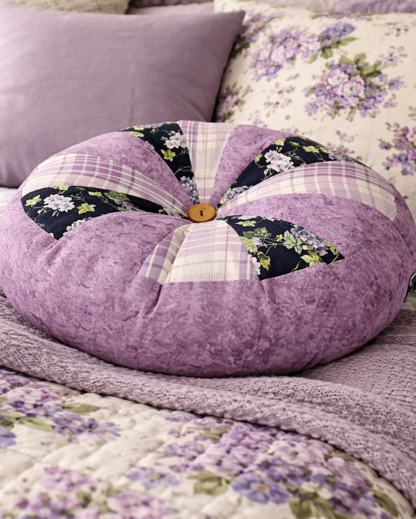 Handmade Sprocket Patchwork round pillow on a bed with floral and solid-colored pillows.