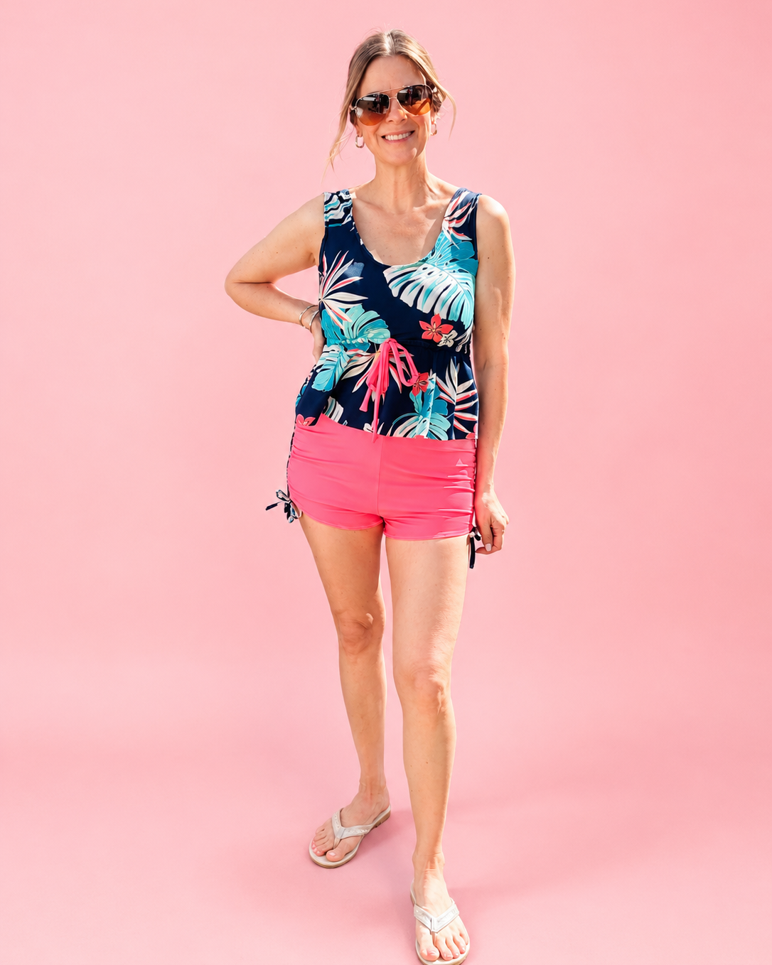 Modest Tankini and Ruched Shorts sewing pattern by Ellie and Mac PDF sewing patterns. Sizes xxs - 6xl included. Projector file, A0 file, A4 print file, Letter print file, video sew along tutorial, color photo step-by-step instructions, and fit alteration instructions included.