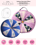 Sydney Sprocket Pillow sewing pattern with two completed pillows and pattern illustration on a white background. Digital PDF sewing pattern. Instant download pattern by Ellie & Mac sewing patterns.