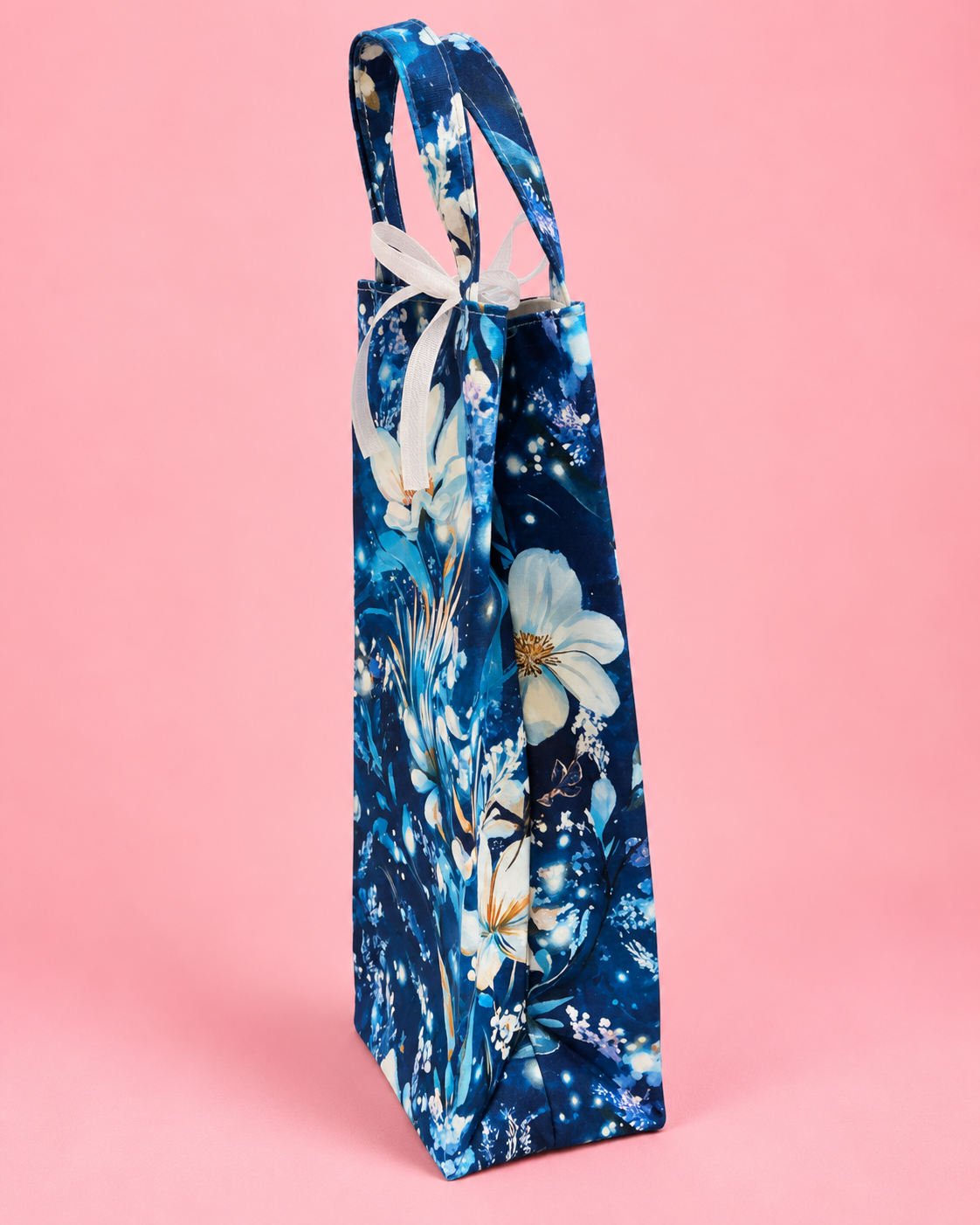 Lined reusable fabric wine bottle gift bag showing finished interior and handles