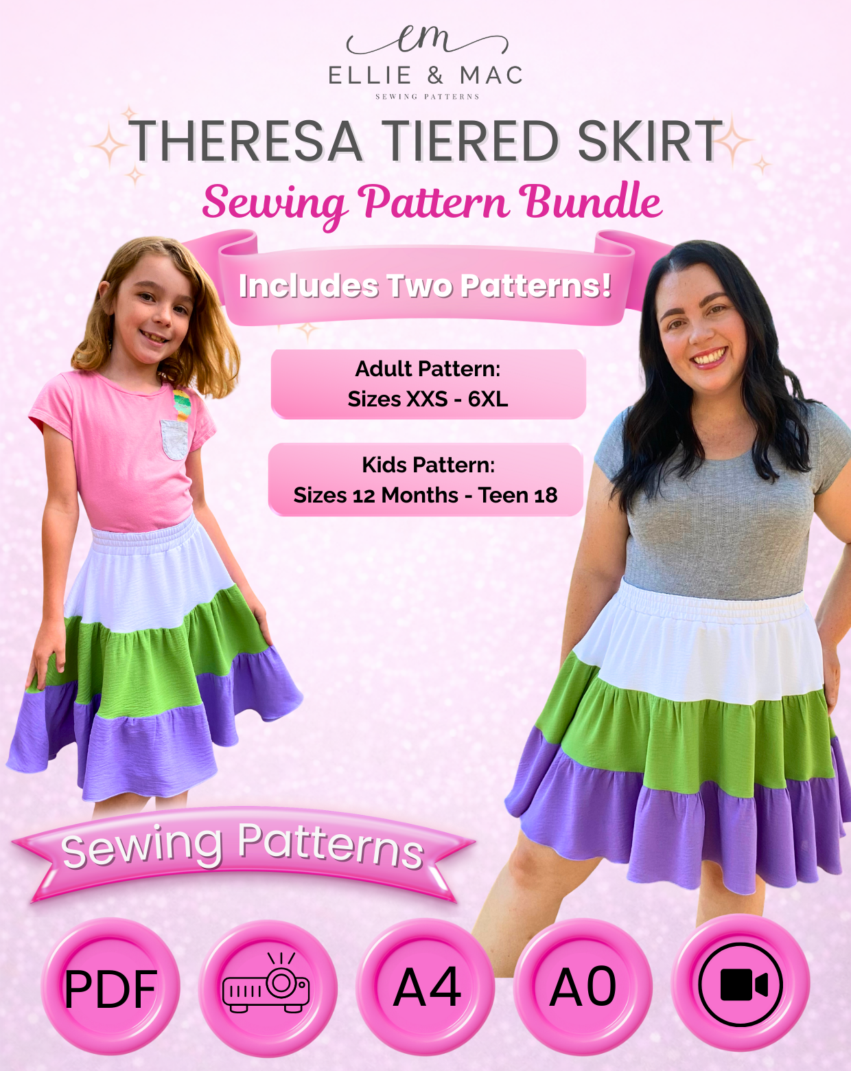 Theresa Tiered Skirt Sewing Pattern Bundle (Adult & Kids)
