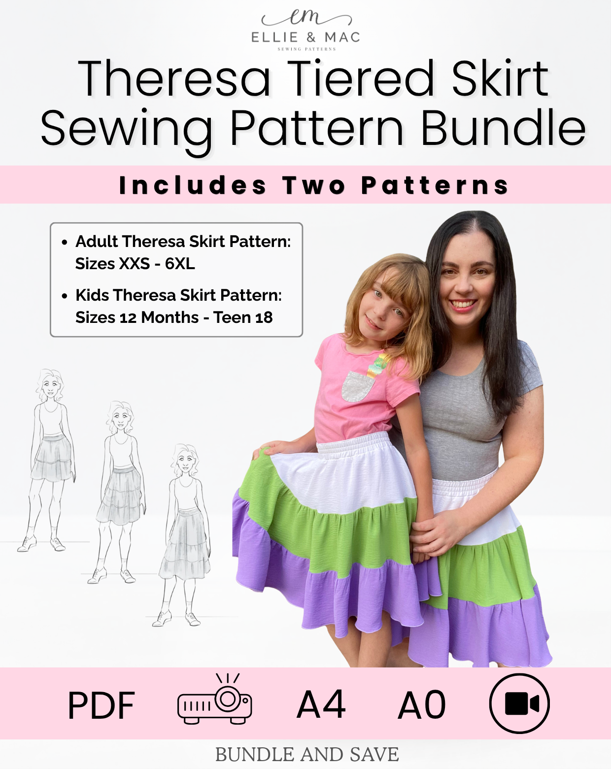 Theresa Tiered Skirt Sewing Pattern Bundle (Adult & Kids)