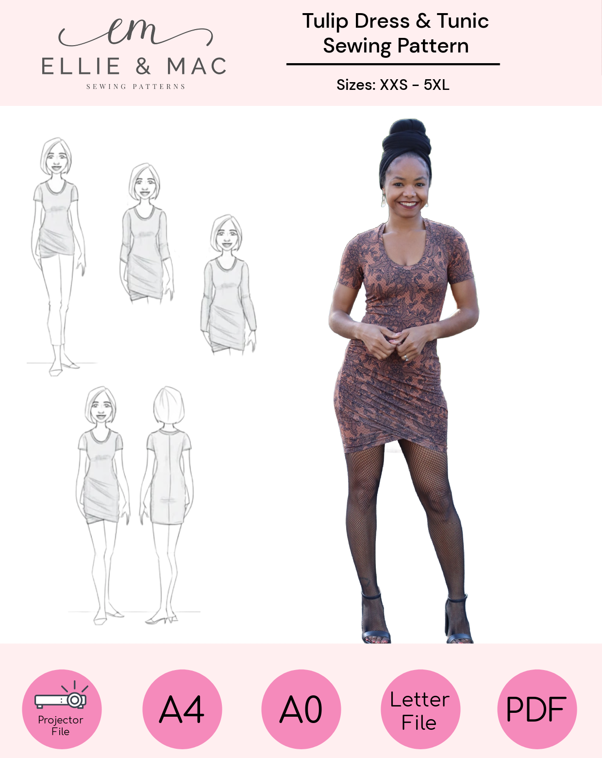 Ellie & Mac Tulip Dress & Tunic sewing pattern with a model wearing the dress on a pink background.