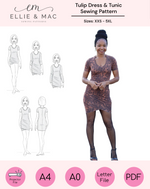Ellie & Mac Tulip Dress & Tunic sewing pattern with a model wearing the dress on a pink background.