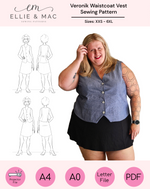 Sewing pattern for Veronik Waistcoat Vest with a model wearing the vest and pattern diagrams. Projector file, A0 copy shop file, A4 and Letter paper print files, video tutorial, and color photo step instructions included. Sizes xxs-6xl.