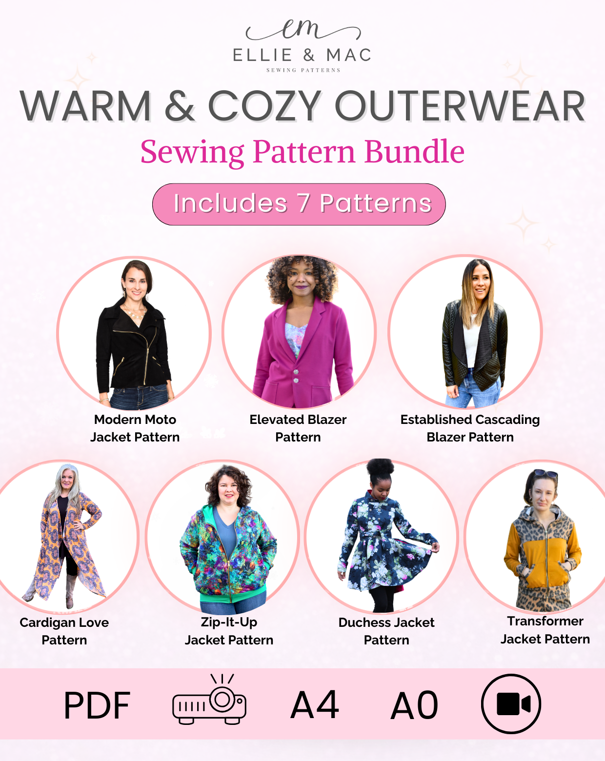 Promotional graphic for Ellie & Mac sewing pattern bundle featuring warm and cozy outerwear.