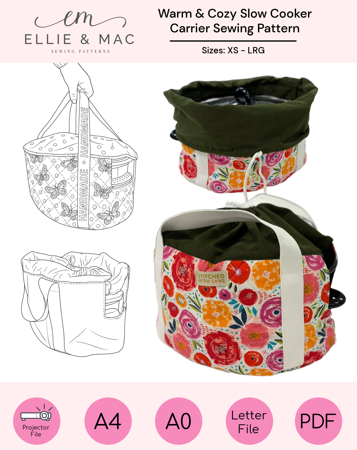 Sewing pattern for a warm and cozy slow cooker carrier by Ellie & Mac, showing a finished product and design illustrations. Includes A0 copy shop file, a4 print file, letter print file, PDF instructions, projector sewing pattern file, video full length sew along tutorial.