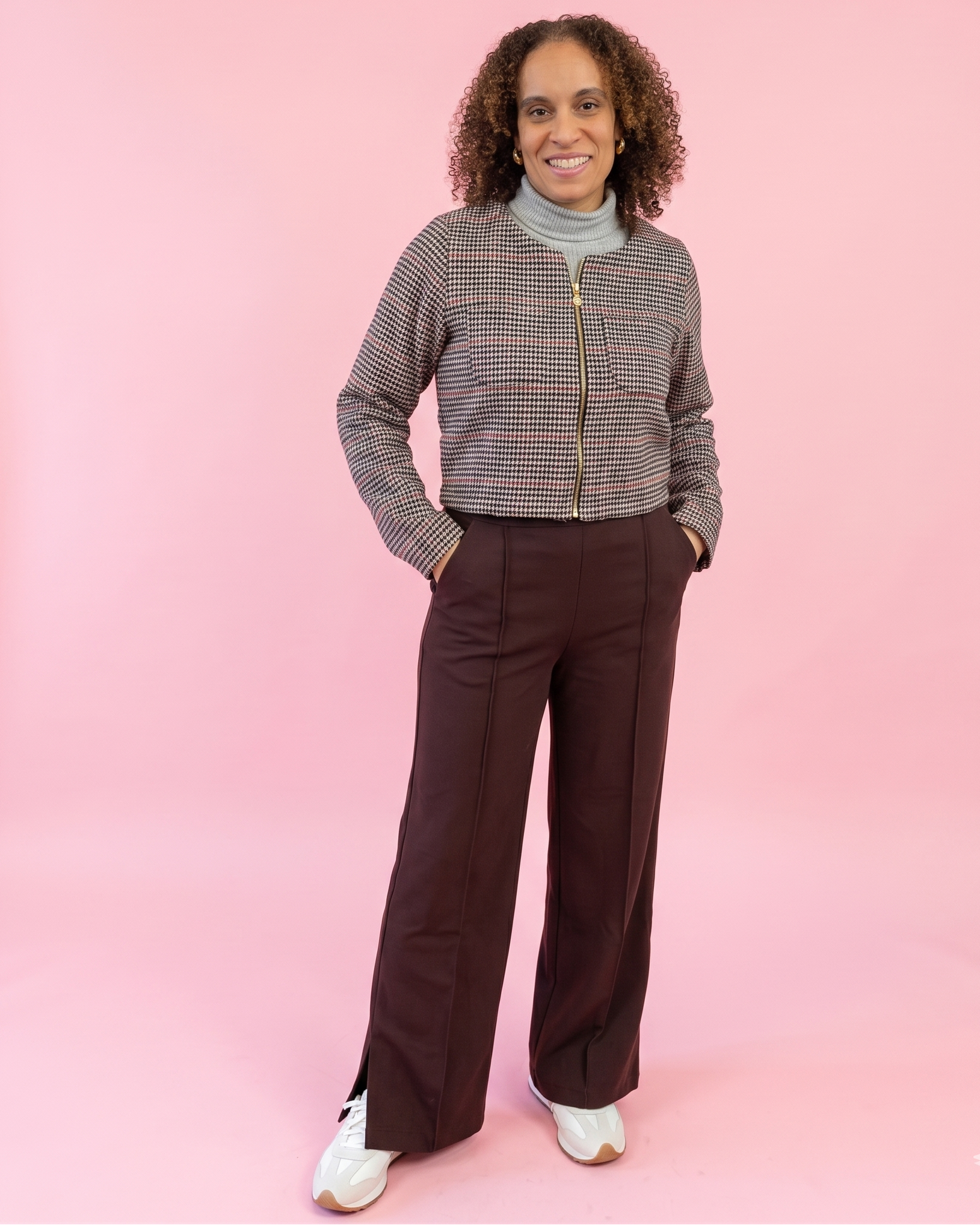 Gingham knit zip up jacket with brown pants. Sewing pattern by ellie & mac patterns.