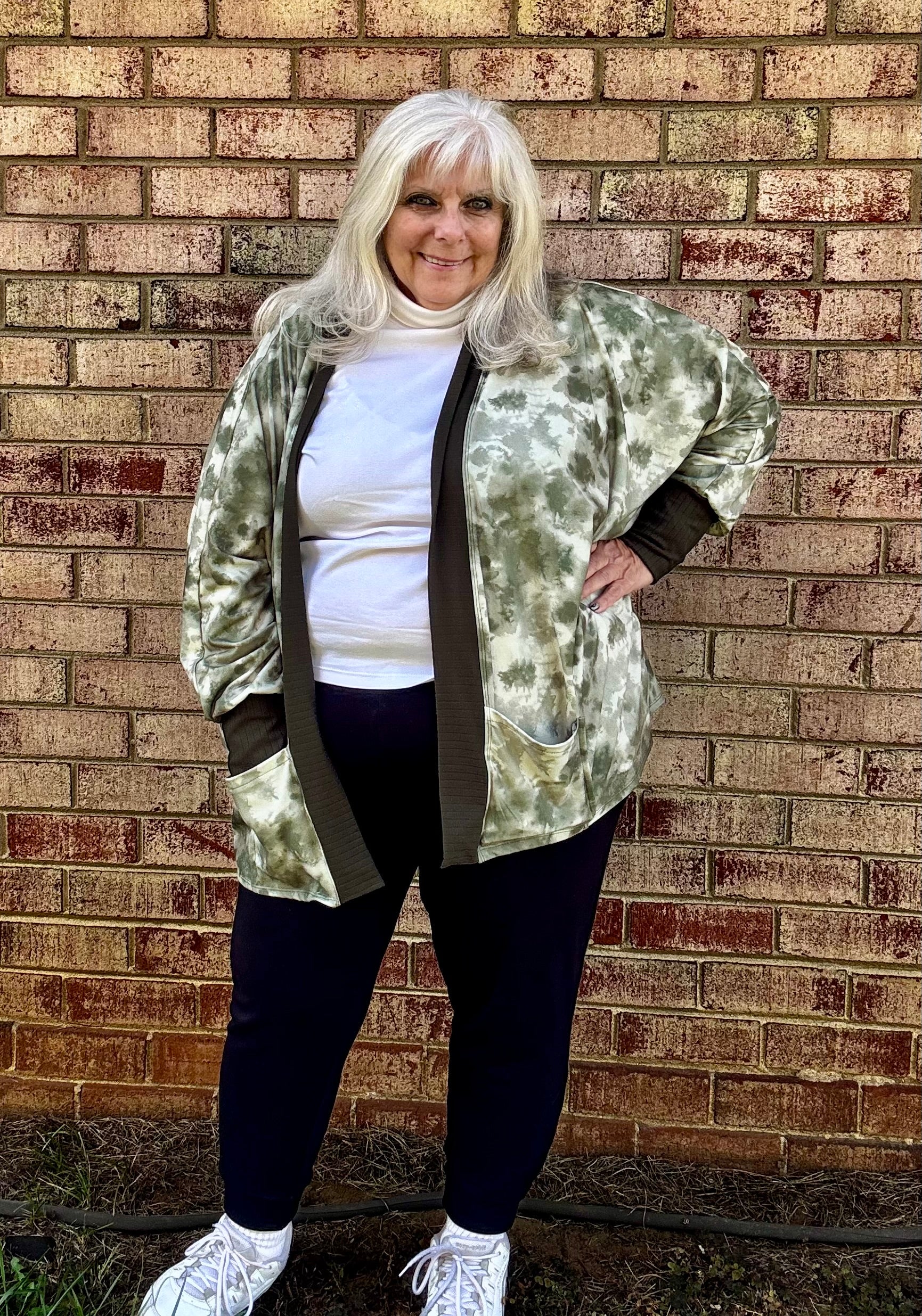 Model wearing Celeste Batwing Cardigan with joggers and tee