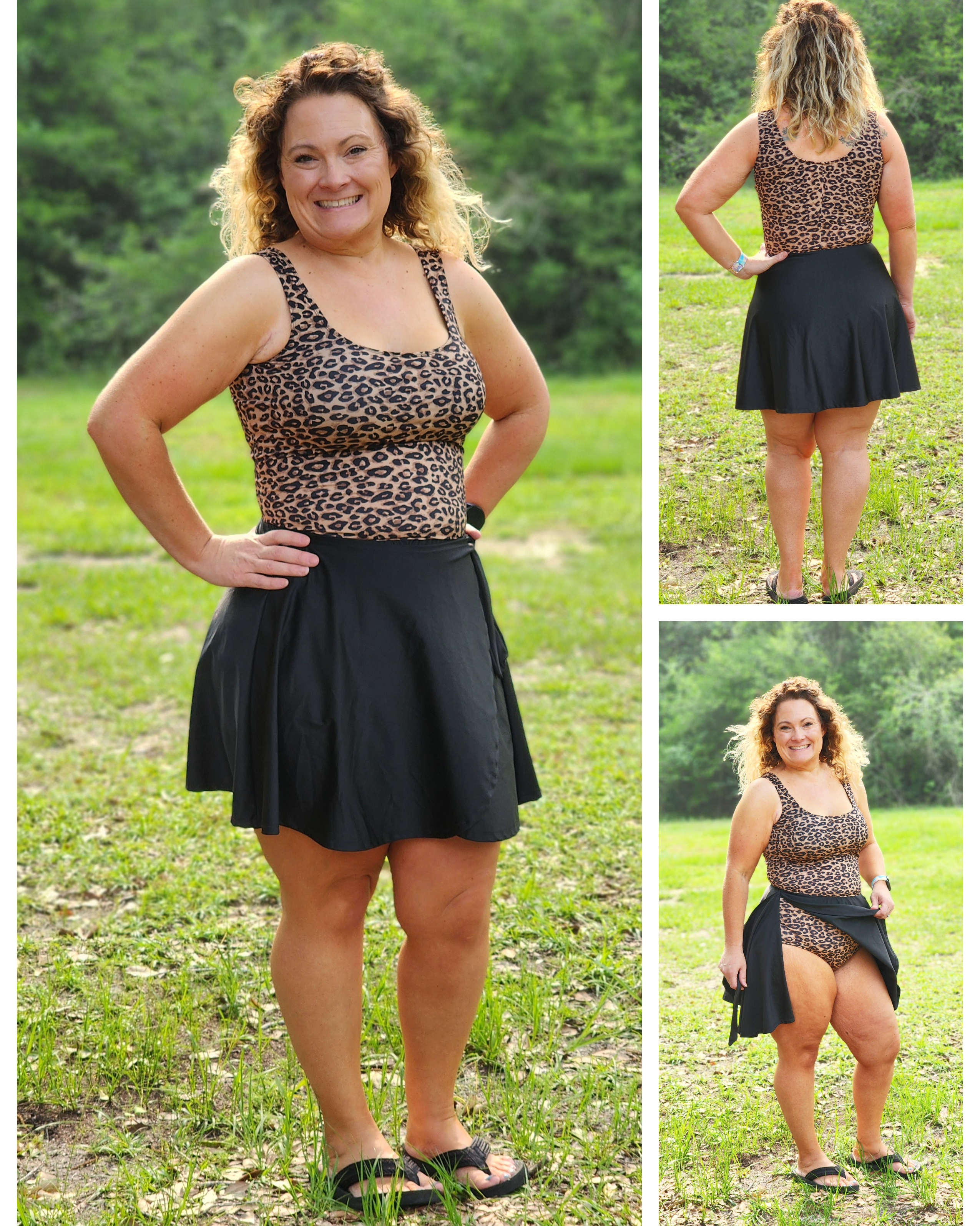 Swim dress sewing pattern in cheetah print spandex lycra fabric.