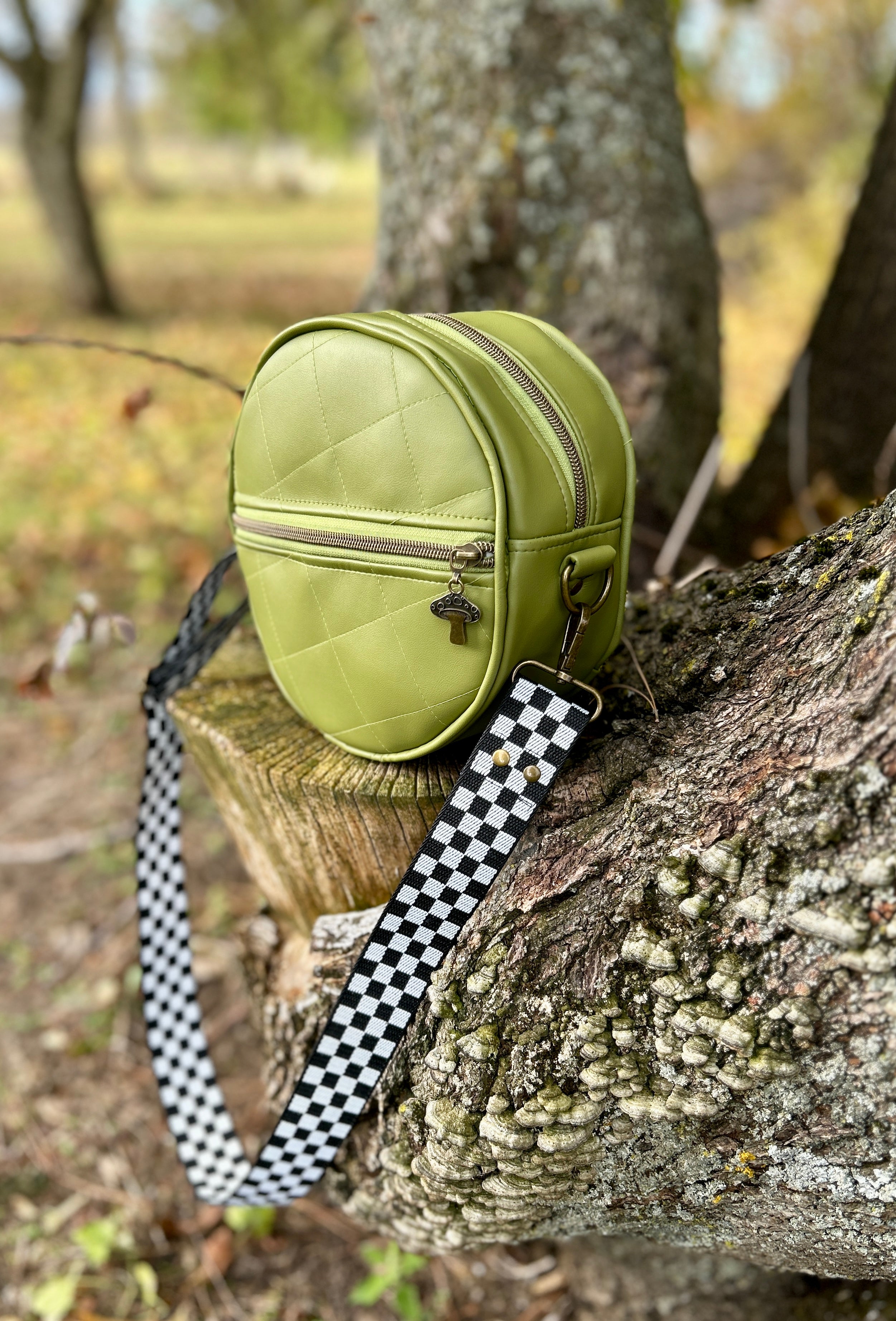 Green round bag with a checkered strap on a tree branch outdoors