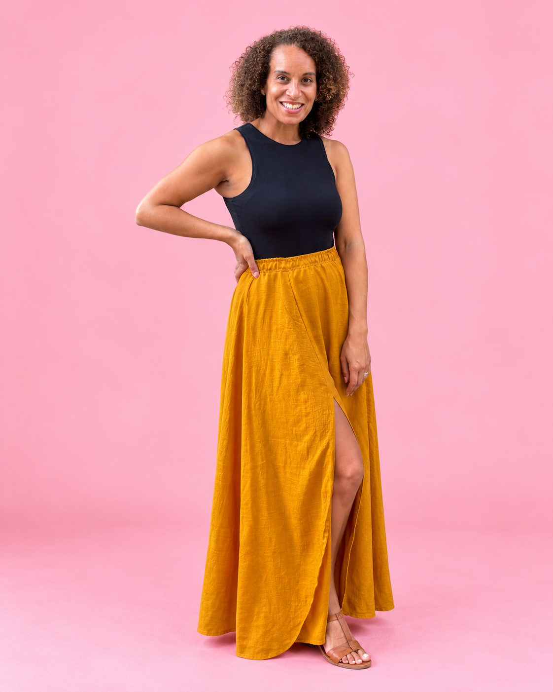 Front view of the Mila paneled woven midi skirt by Ellie & Mac PDF sewing patterns.