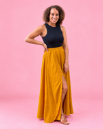 Front view of the Mila paneled woven midi skirt by Ellie & Mac PDF sewing patterns.
