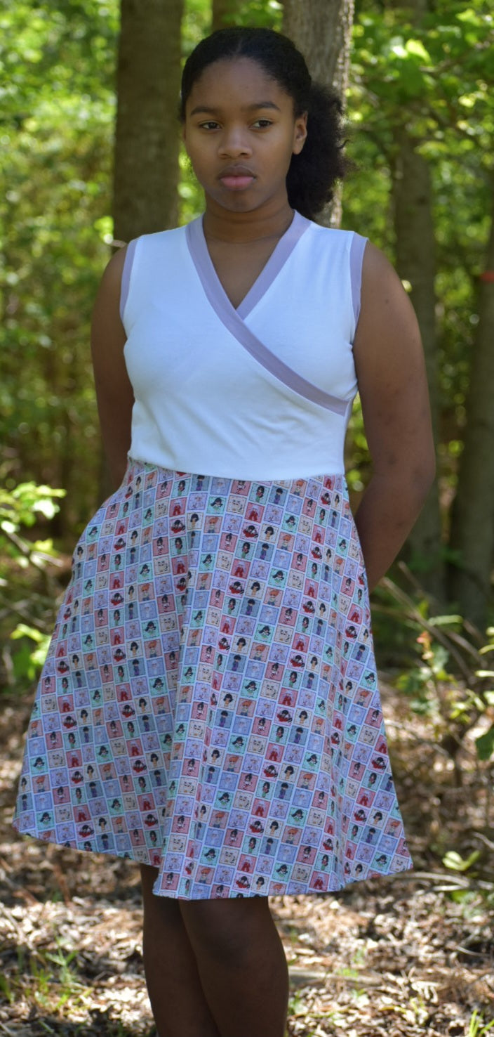 Beautiful tank dress for teens. Easy sewing patterns for beginners. Knit dress pattern. Faux wrap bodice. 1/2 circle skirt.
