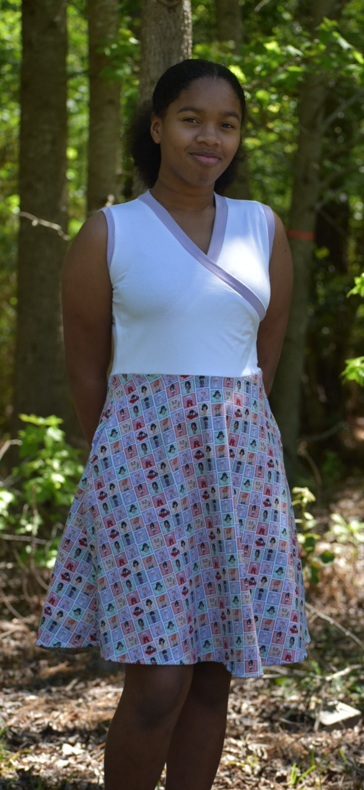 Beautiful tank dress for teens. Easy sewing patterns for beginners. Knit dress pattern. Faux wrap bodice. 1/2 circle skirt.