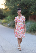 Easy woven wrap dress with short puff sleeve and ruffle hem sewing pattern by Ellie and mac PDF sewing patterns