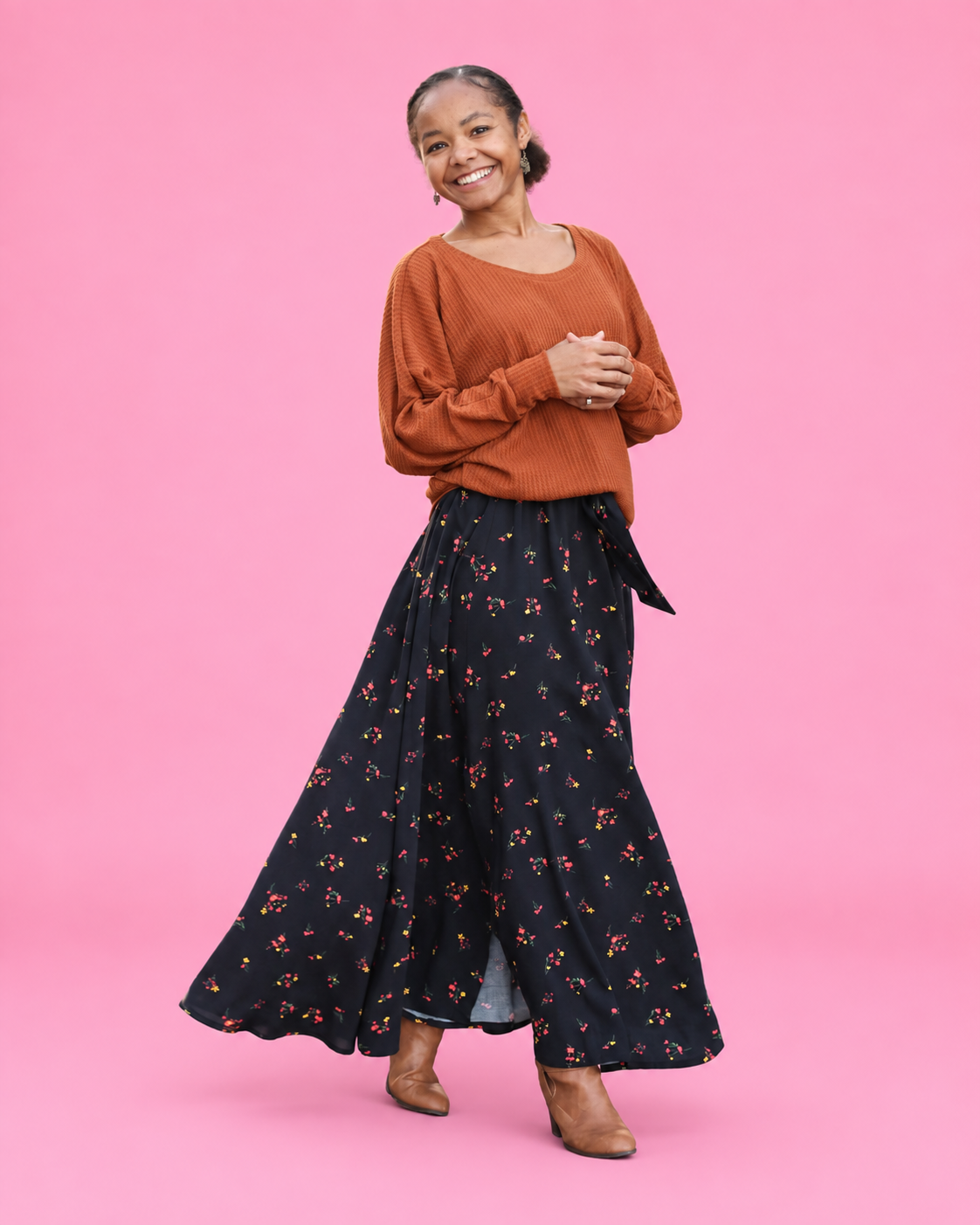 Casual midi skirt sewing pattern made for woven fabrics